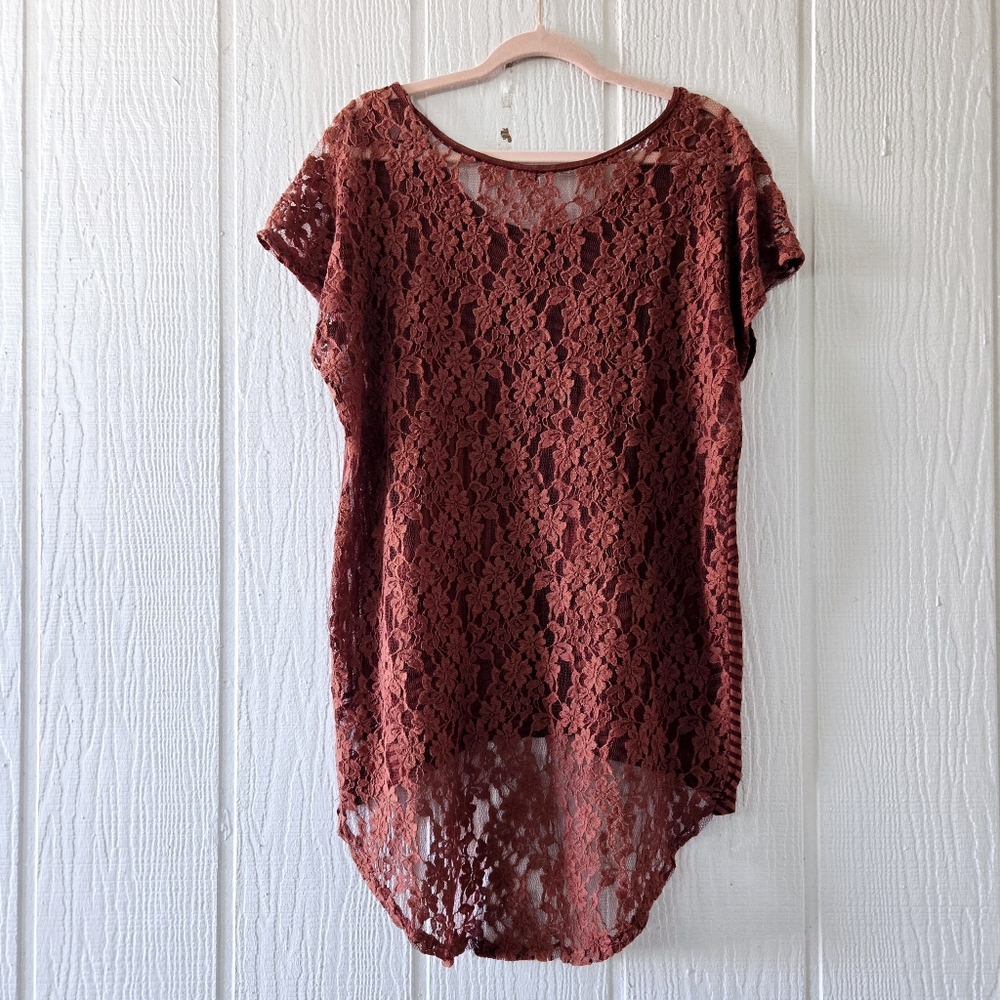 Free People Striped Front Sheer Lace Back Tunic Tee Short Sleeve Rust Small - Picture 2 of 4